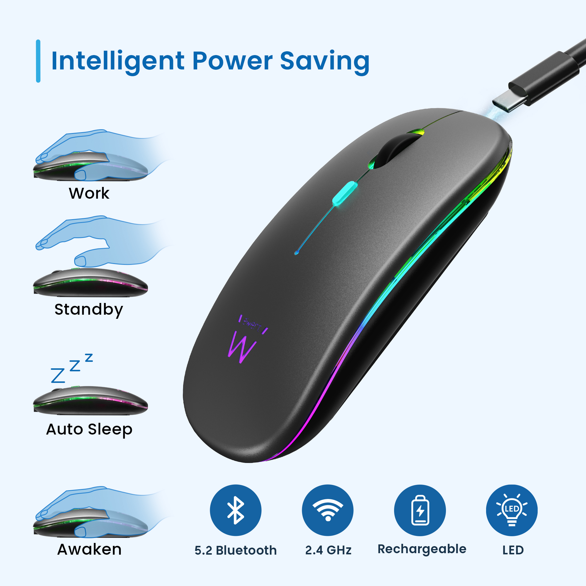 Rechargeable Wireless Mouse Dual Connection, Bluetooth | 2.4Ghz, with ...