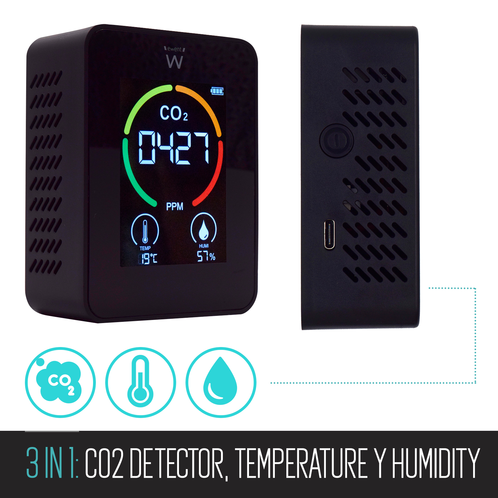 Pantalla LCD MATHOWAL Medidor de CO2 Detector de calidad del aire Sensor monitor de CO2 analizador de gases con Temperatura Ambiente Humedad y Reloj Sistema de alarma inteligente 400-5000PPM 